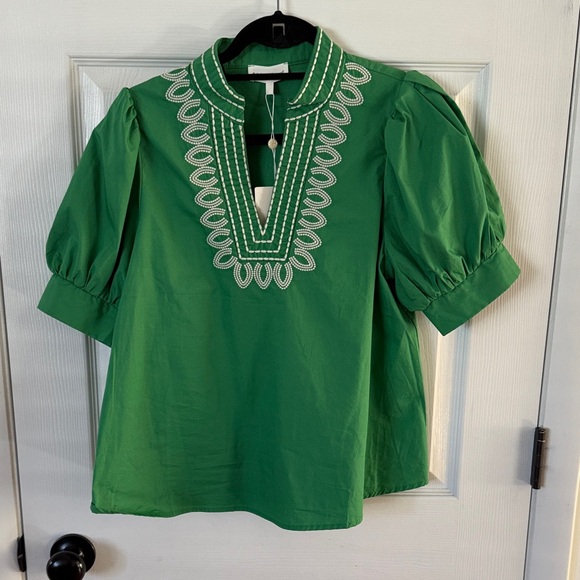entro Tops - Green Puff Sleeve Blouse with White Embroidery